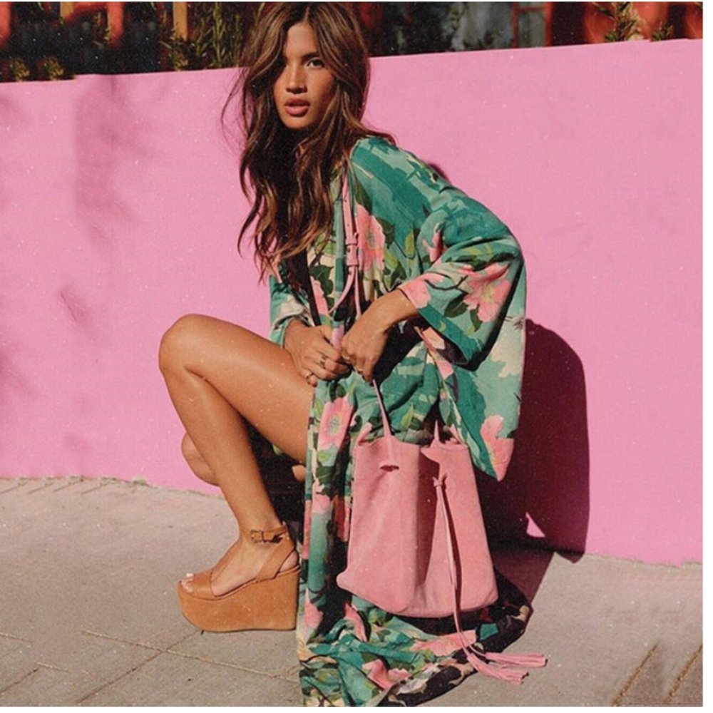 Boho Gypsy Mint Green Floral print Kimono Cover Up Beach - Picture 5 of 6